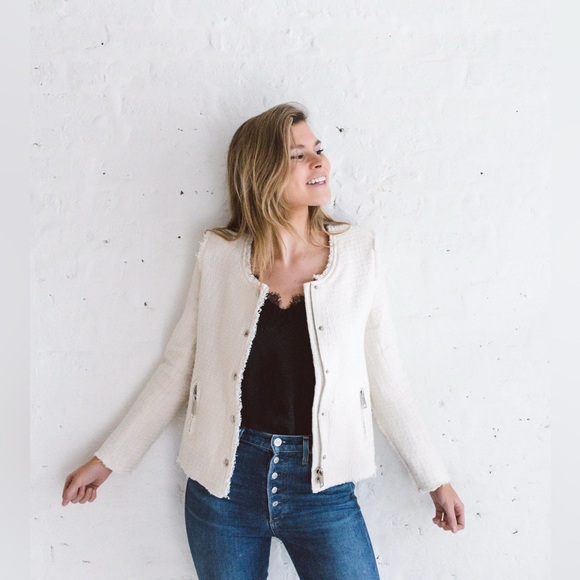 one third Jackets & Blazers - Women’s Cream Fringe-Trim Tweed Jacket, Size medium